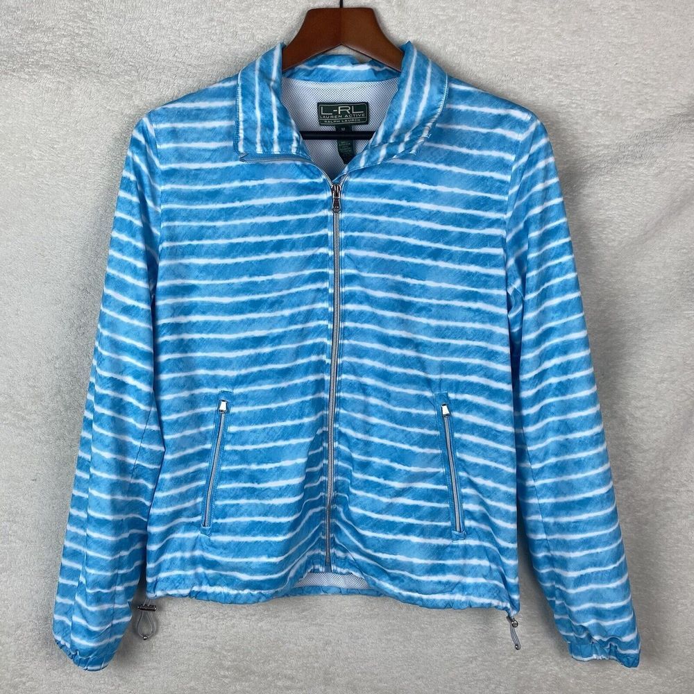 Lauren‎ Ralph Lauren Size M RL Active Blue White Striped Jacket Large Full Zip
